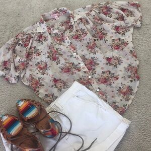 PINK & RED ROSE FLORAL SHEER BUTTON FRONT BLOUSE/NEW